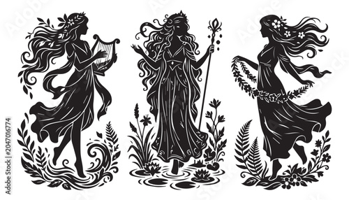 Obraz na plátne black and white silhouette set of mythical beauty xana very high quality vector illustration