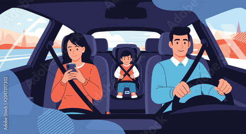 Family traveling in a modern car with a man driving, a woman on her phone, and a small child in a safety car seat in the back.