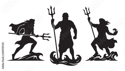 Tableau sur toile black and white silhouette set of Poseidon God very high quality vector illustration