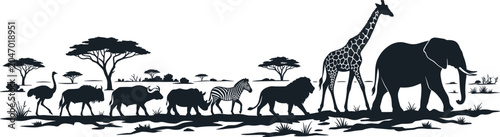 Konstfotografi African safari animals silhouettes collection with ostrich wildebeest buffalo rh