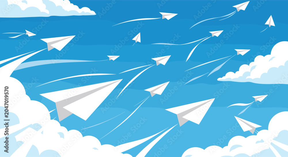 Obraz premium Many white paper airplanes flying through bright blue sky with white clouds representing dreams and communication.