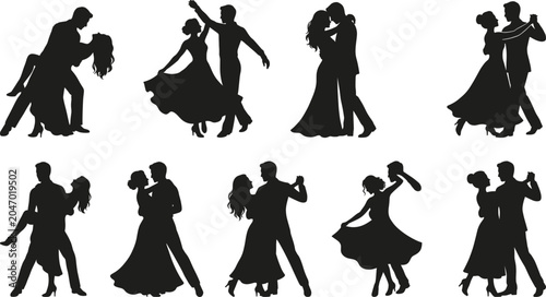 Obraz na płótnie Dancing couples silhouettes collection featuring romantic partners ballroom danc