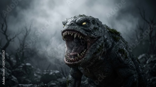 Ferocious fantasy creature with glowing red eyes and gaping maw in a dark, misty forest at night