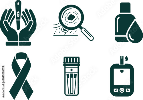 Diabetes awareness icons including blood glucose monitor and test tube