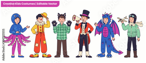 Bild auf Leinwand Kids fancy dress costumes vector set of cute children in creative carnival outfi