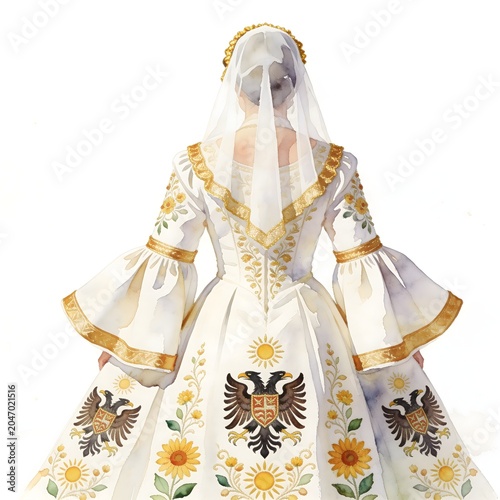 Albanian Traditional Wedding Dress Xhubleta Back View Watercolor Illustration Gold Embroidery