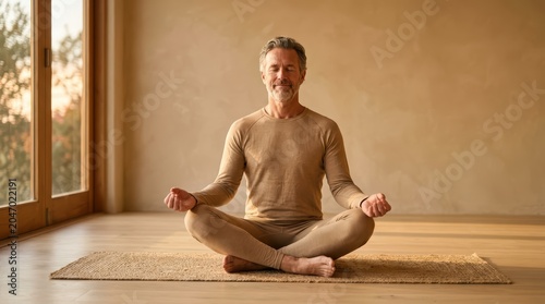 Mature Man Meditating in Minimalist Home for Mindfulness and Wellness