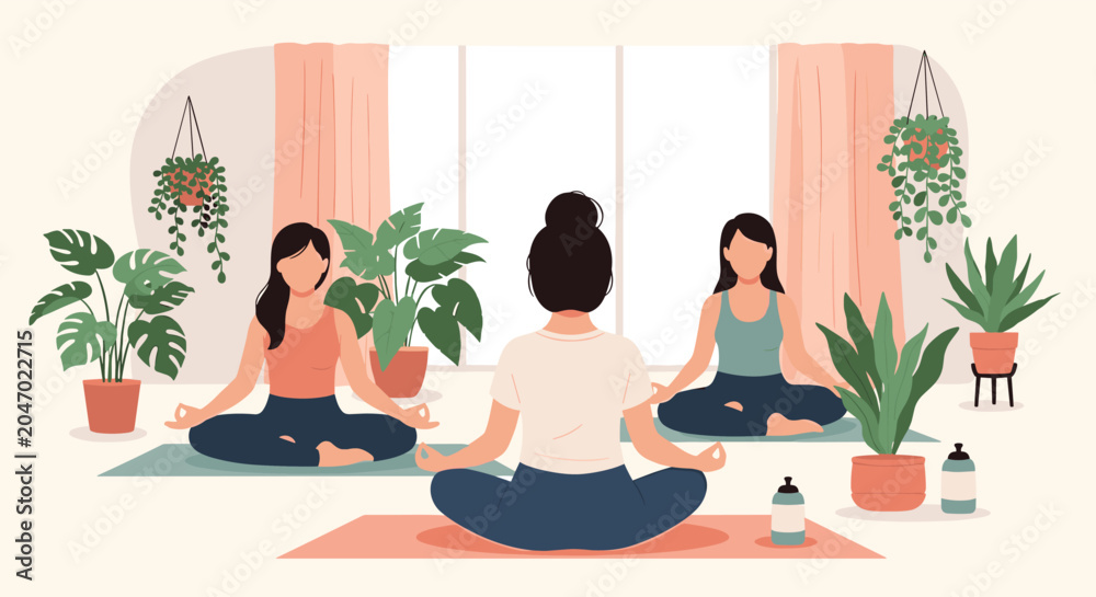 Fototapeta premium Group of women practicing yoga and meditation in a serene indoor space surrounded by various lush green house plants.