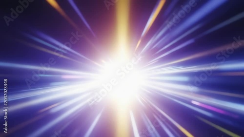 Dynamic light rays burst outward in a starburst pattern, abstract light background