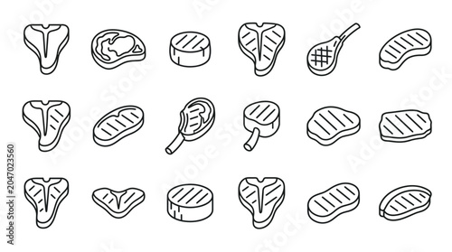 Bild auf Leinwand Collection of various grilled and raw steak cuts in a simple outline illustration style
