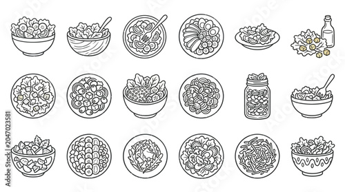 Collection of hand-drawn line art illustrations of various healthy food dishes and ingredients.