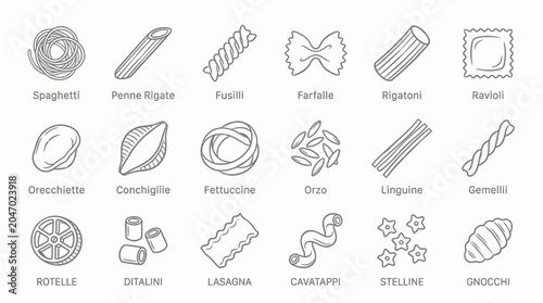 Foto A collection of different types of Italian pasta shapes, illustrated in a simple line drawing style