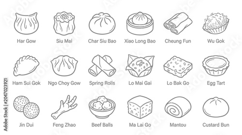 Obraz na płótnie Collection of various Chinese dim sum dishes and snacks in a simple line art illustration style