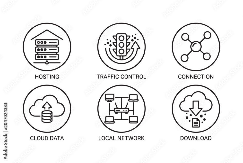 Fototapeta premium Network and Cloud Computing Line Icons with Circles