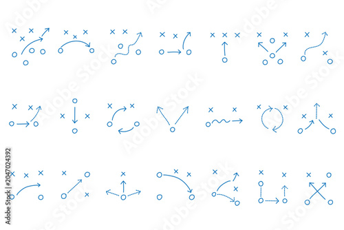 Football tactics hand drawn doodle icon set, soccer game strategy plan diagram with arrows, passes, player movement, player positions and game plan.