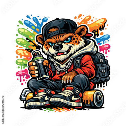 Urban Graffiti Animal Mascot Character Collection – Wolf, Lion, Teddy Bear, Panda, Hip Hop Street Art Cartoon Vector Illustration
