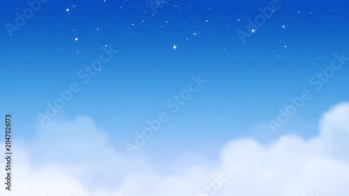 Bright blue sky with fluffy white clouds and sparkling stars.