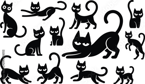 Bilde på lerret Spooky Halloween Black Cat Silhouette Vector Illustration Collection, Modern Gothic Feline Mascot Set, Whimsical Autumn Holiday Graphic Elements