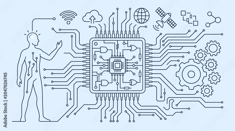Obraz premium Microchip integrates with human physiology to represent the future of advanced cybernetic technology and digital connectivity.