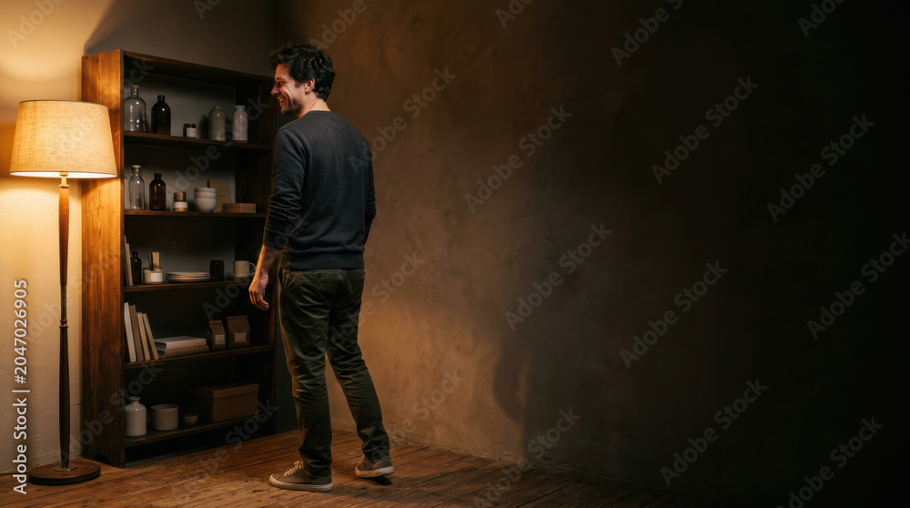 Fototapeta premium Sme small business man standing by shelf in warm room