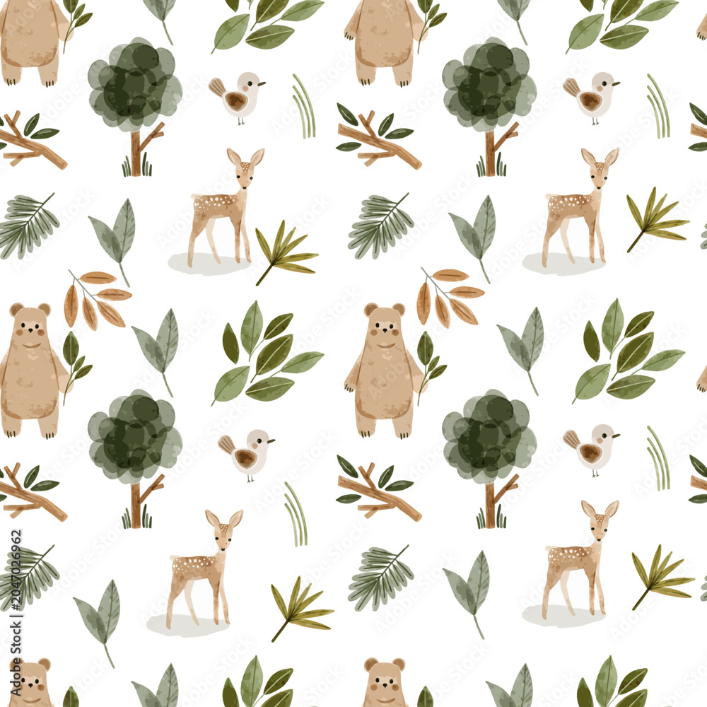 Obraz premium Woodland Forest Animal Seamless Pattern with Bears, Deer, Trees and Leaves, Watercolor Nursery Background