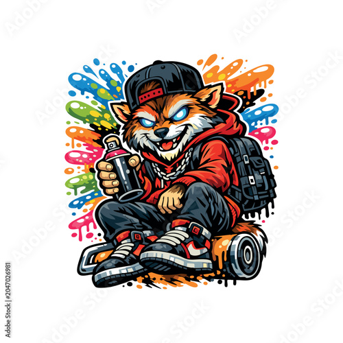Urban Graffiti Animal Mascot Character Collection – Wolf, Lion, Teddy Bear, Panda, Hip Hop Street Art Cartoon Vector Illustration