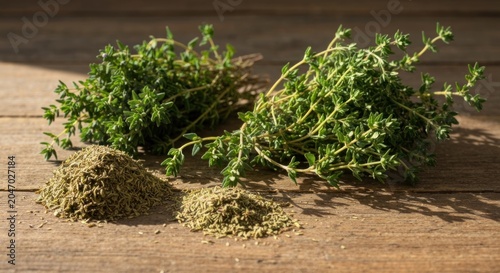 Fresh green herb with dried piles on a rustic wooden surface