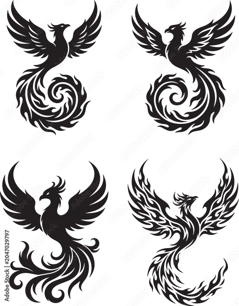 Fototapeta premium Vector set of tattoo wings phoenix design elements featuring tribal floral patterns, birds, butterflies, phoenix, leaves, ornaments and black silhouette style art set