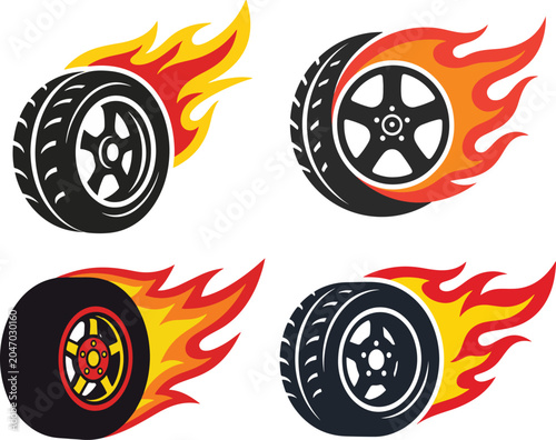 A vector set of car wheels fire flames and sports car icons showing speed transport and automotive design elements