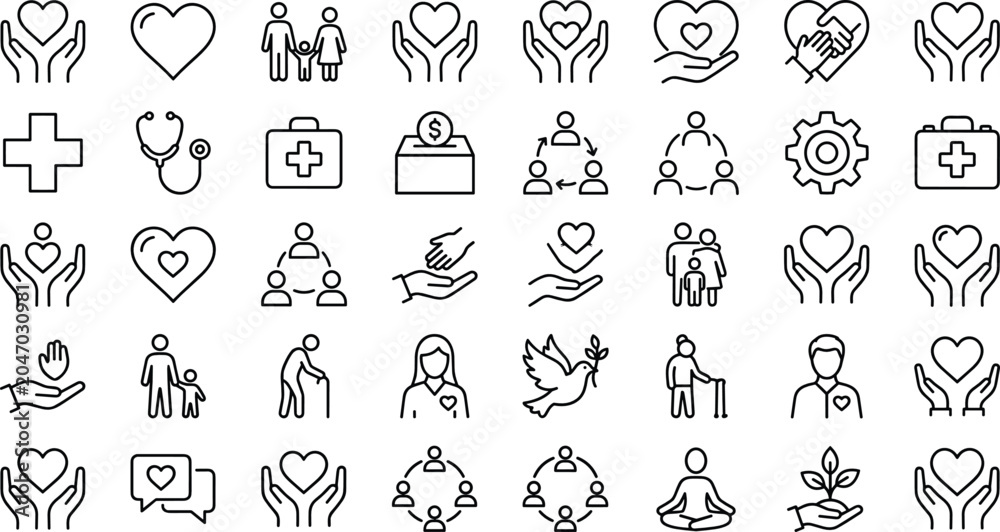 Obraz premium Charity and Community Care Line Icon Set with Humanitarian Aid, Family Protection, Medical Support, and Social Service Symbols for Website Designs
