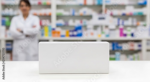 Empty white box on pharmacy countertop with pharmacist in background