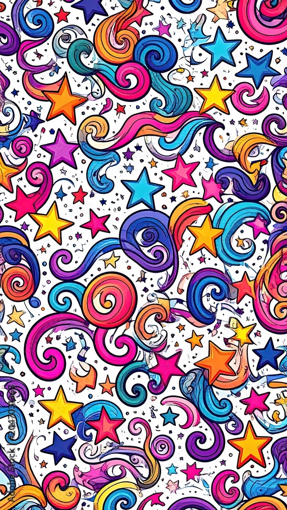 Fototapeta premium Colorful swirly stars pattern background design.