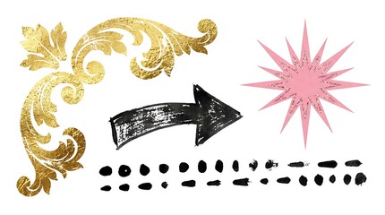 Gold floral border, pink starburst, black arrow graphics, decorative elements, 20s style ornaments