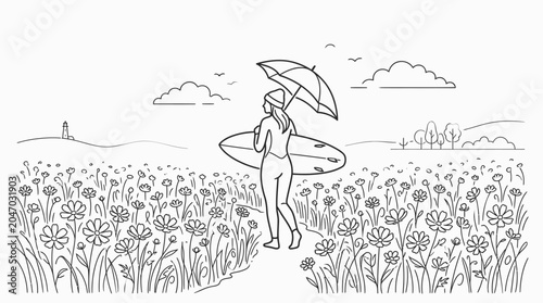 Woman holding colorful open umbrella walking.