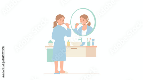 Woman in blue robe brushing teeth.