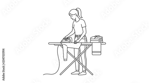 Woman ironing clothes on board.