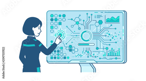 Woman interacting with digital screen technology.