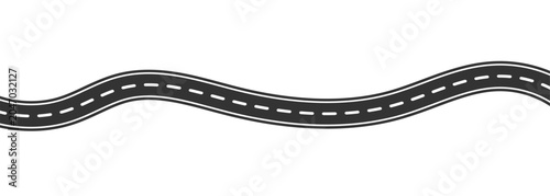 Wavy winding curves roads and horizontal path. Horizontal asphalt road template. Flat vector illustration isolated on transparent background. 