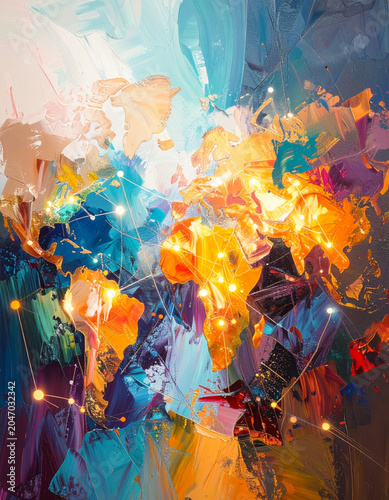 Vibrant abstract watercolor vector painting featuring dynamic teal, blue, and golden yellow brush strokes