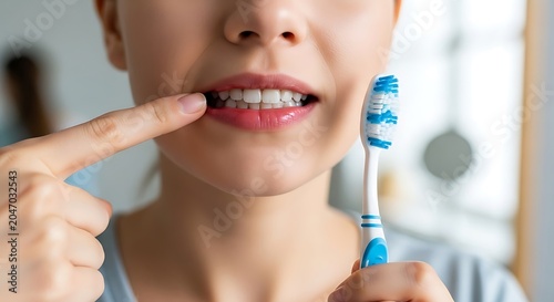 Woman pointing to upper lip while holding a blue and white toothbrush