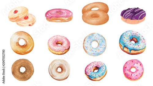 Schilderij op canvas Collection of colorful and delicious donuts with various toppings, perfect for b
