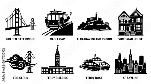 San Francisco Landmarks Vector Icons Golden Gate Bridge Cable Car Alcatraz Victorian House Ferry Building Skyline Fog Ferry Boat Cultural Design Collection