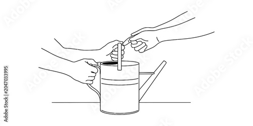 Fotografía Two hands filling a watering can with water from a thin stick or rod