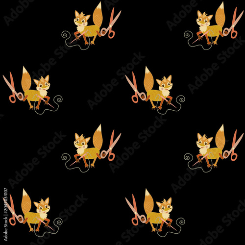 Fox tailors with scissors and needle with thread. Seamless pattern with cute ...