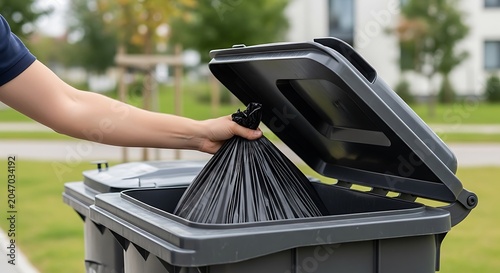 Person disposing black garbage bag in outdoor gray trash bin
