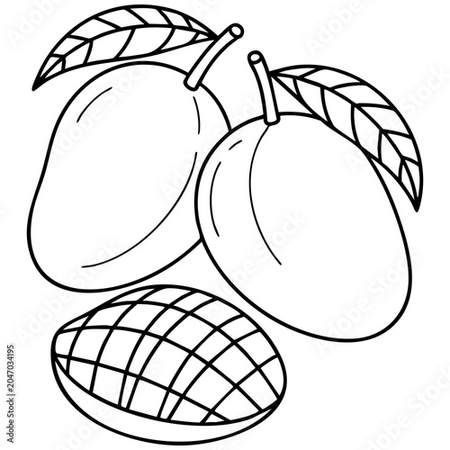 Black Mango Illustration With Leaves Stems and Fan Pattern Fruit Slice Detail Isolated on a Transparent or White Background
