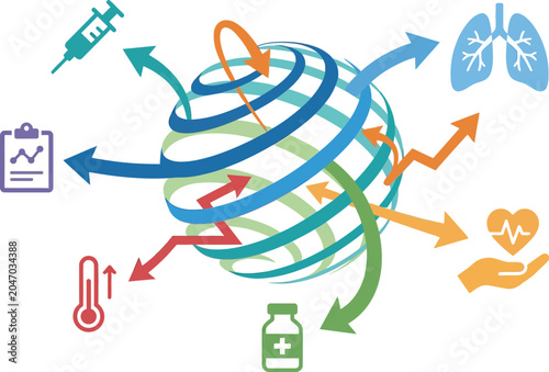 Globe with orbiting arrows displays various healthcare icons representing medical progress and global wellness solutions.