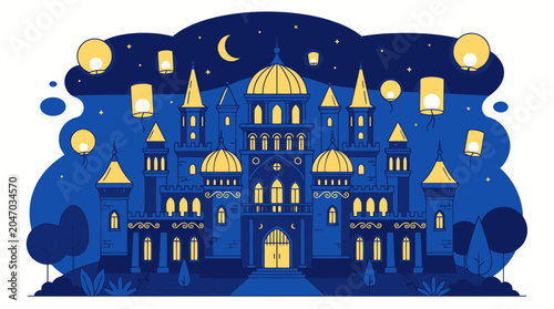 Bild auf Leinwand Magical blue castle with glowing lanterns under starry night sky