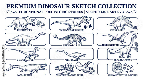 Foto Premium Dinosaur Sketch Collection: Educational Prehistoric Studies Vector Art