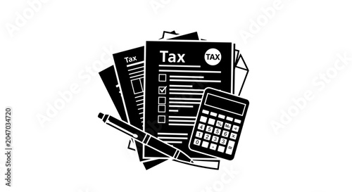 Tax documents with calculator and pencil.